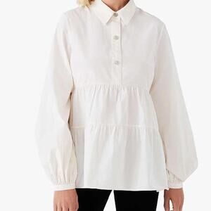 Kate Spade New York Women 10 Taffeta Cosmo Top White Silk Cotton Balloon Sleeve